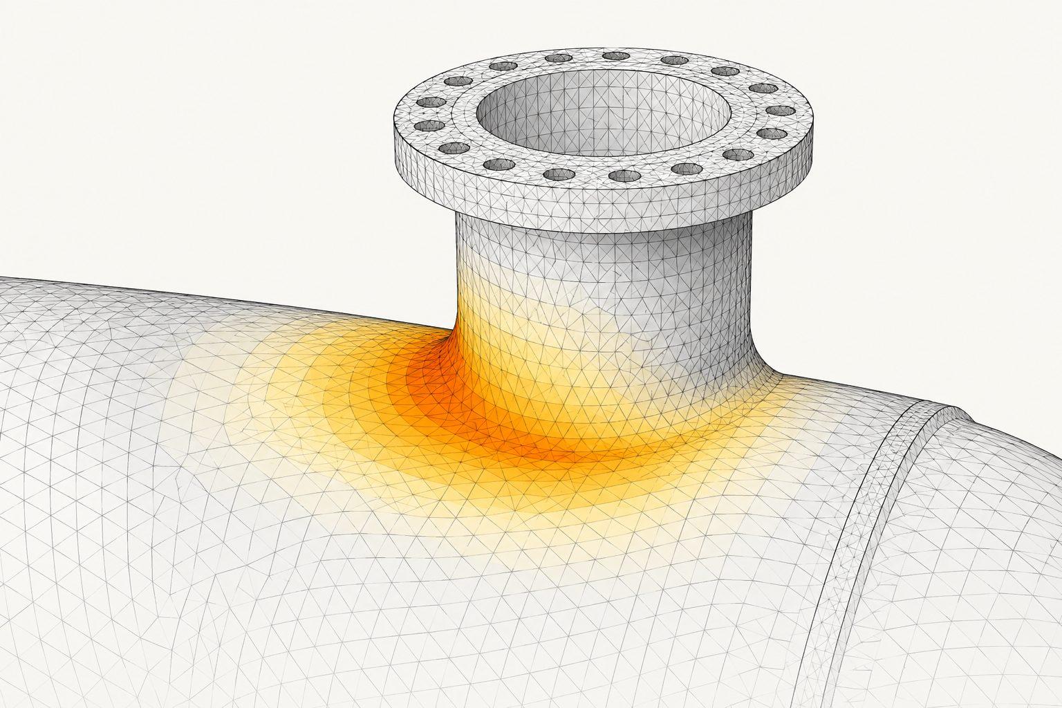 Finite element mesh of a nozzle junction with stress contours