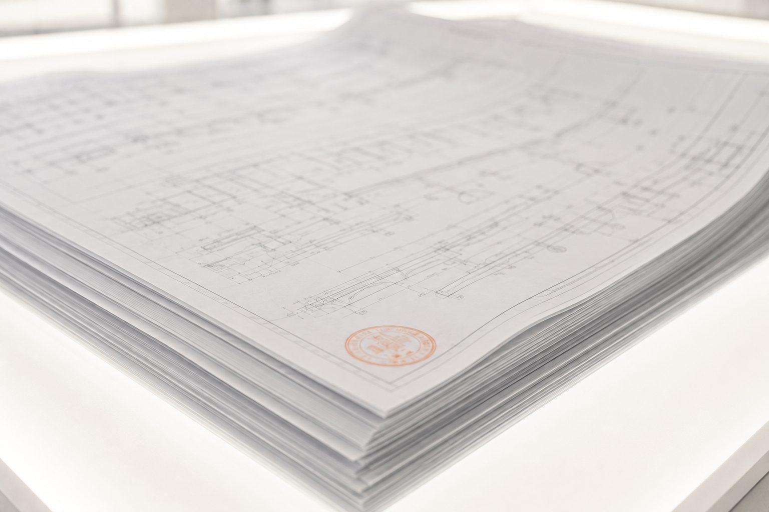 Stack of engineering drawing sets prepared for submission