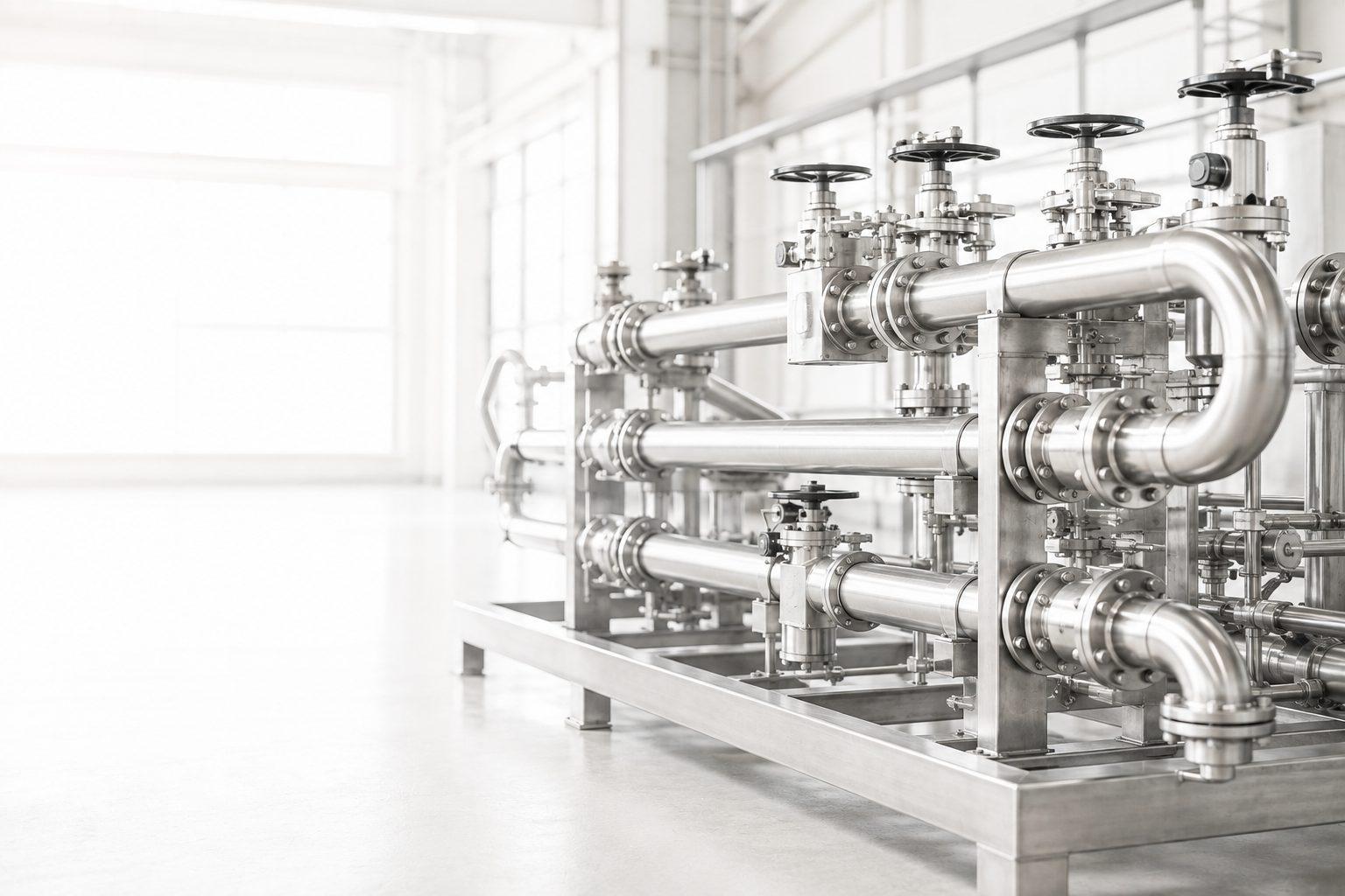 Stainless steel process piping skid with valves and flanged joints