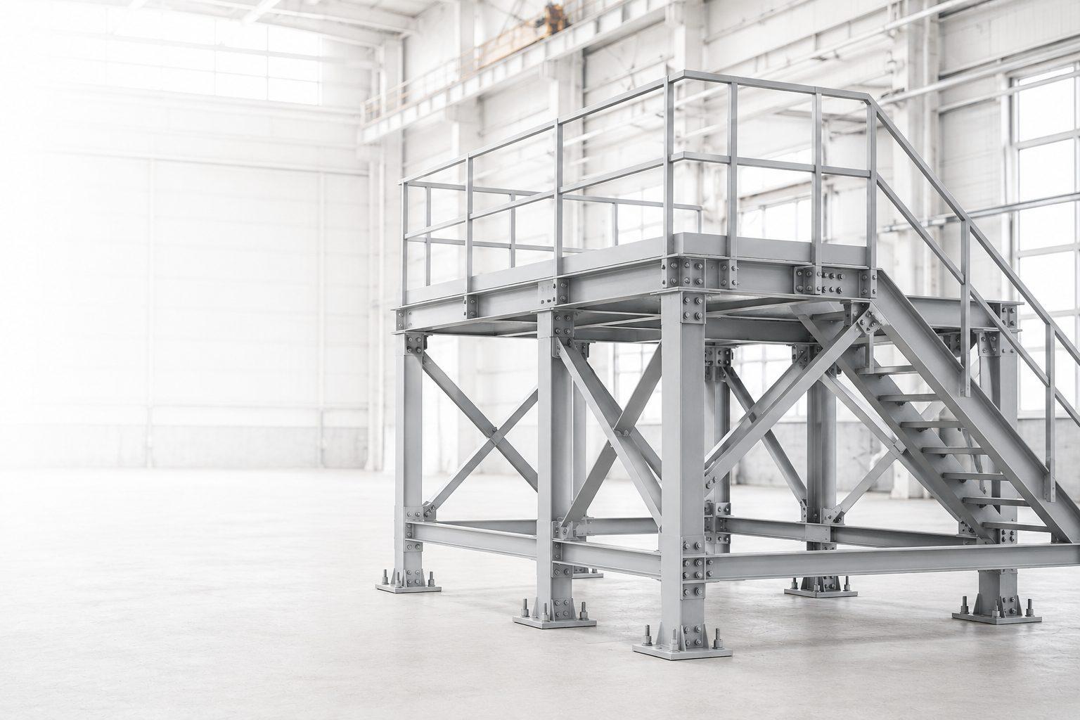 Bolted steel platform structure with stairs and base plates