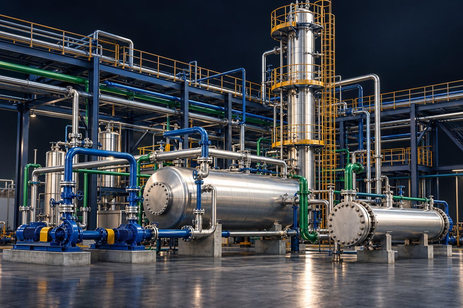 3D plant model with process column, vessels, heat exchanger, pumps and colour-coded piping on a steel pipe rack
